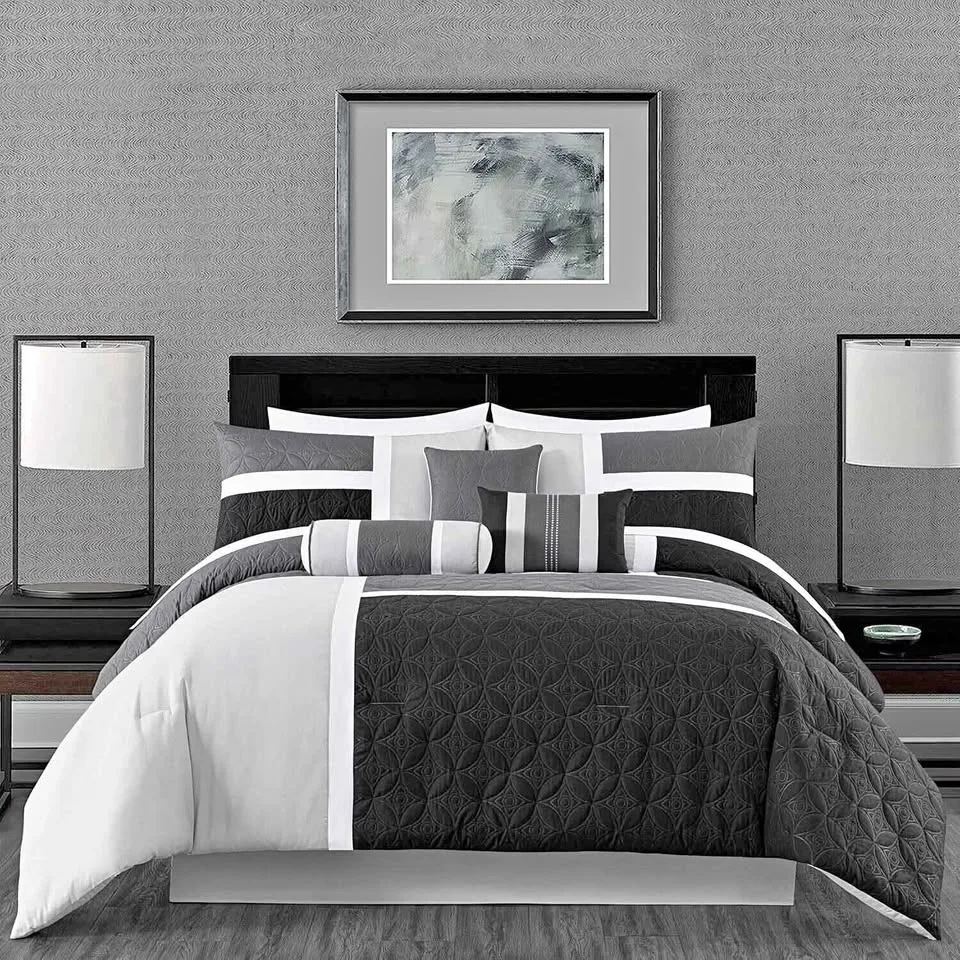 NEW - 7-Piece Quilted Comforter Set, Black/Gray/Light Gray
