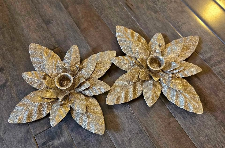 New - Gold Poinsettia Tapered Candle Holder Set of 2