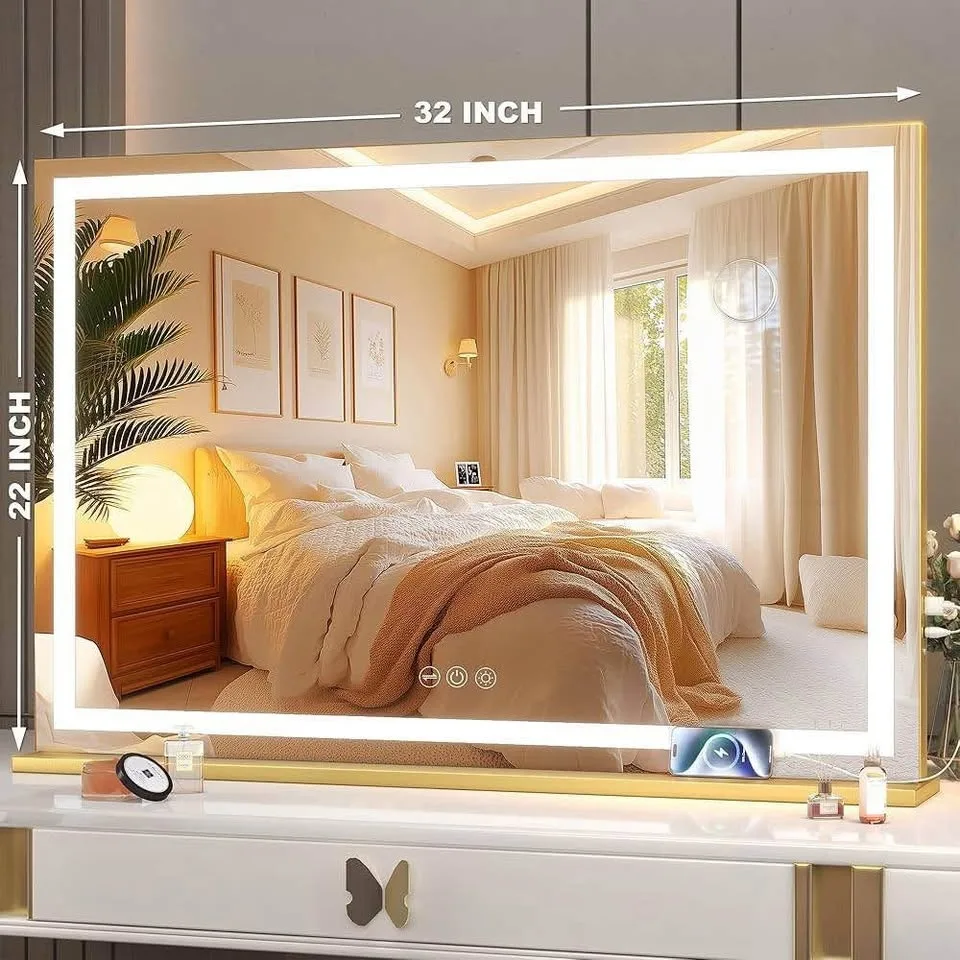 Gold LED Vanity Mirror with lights 32”x 22” image indicator(3)