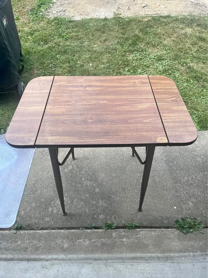 Vintage Wood Table w/ Metal Legs, Folding Sides
