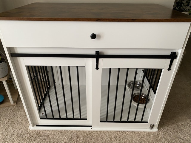 Dog Crate with Drawer, Barn Doors, 360 Swivel Dish