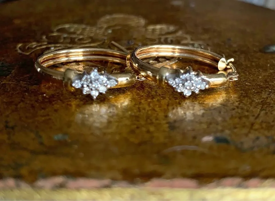 Antique Stamped 10k Gold Hoops 18 Diamonds