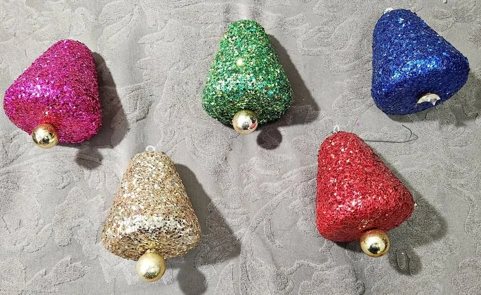 Set of 5 Vintage Glitter Bell Ornaments - 1960s - 1970s
