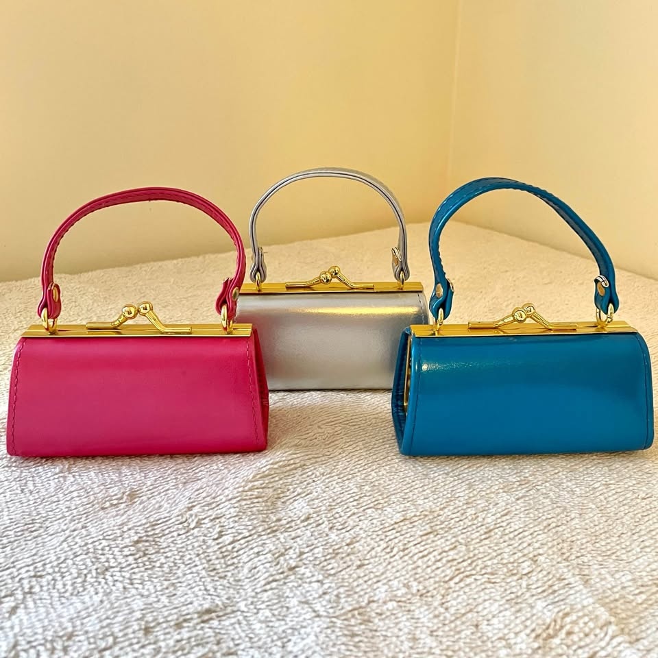 Set of 3 Miniature Handbags - Metallic Pink, White & Blue