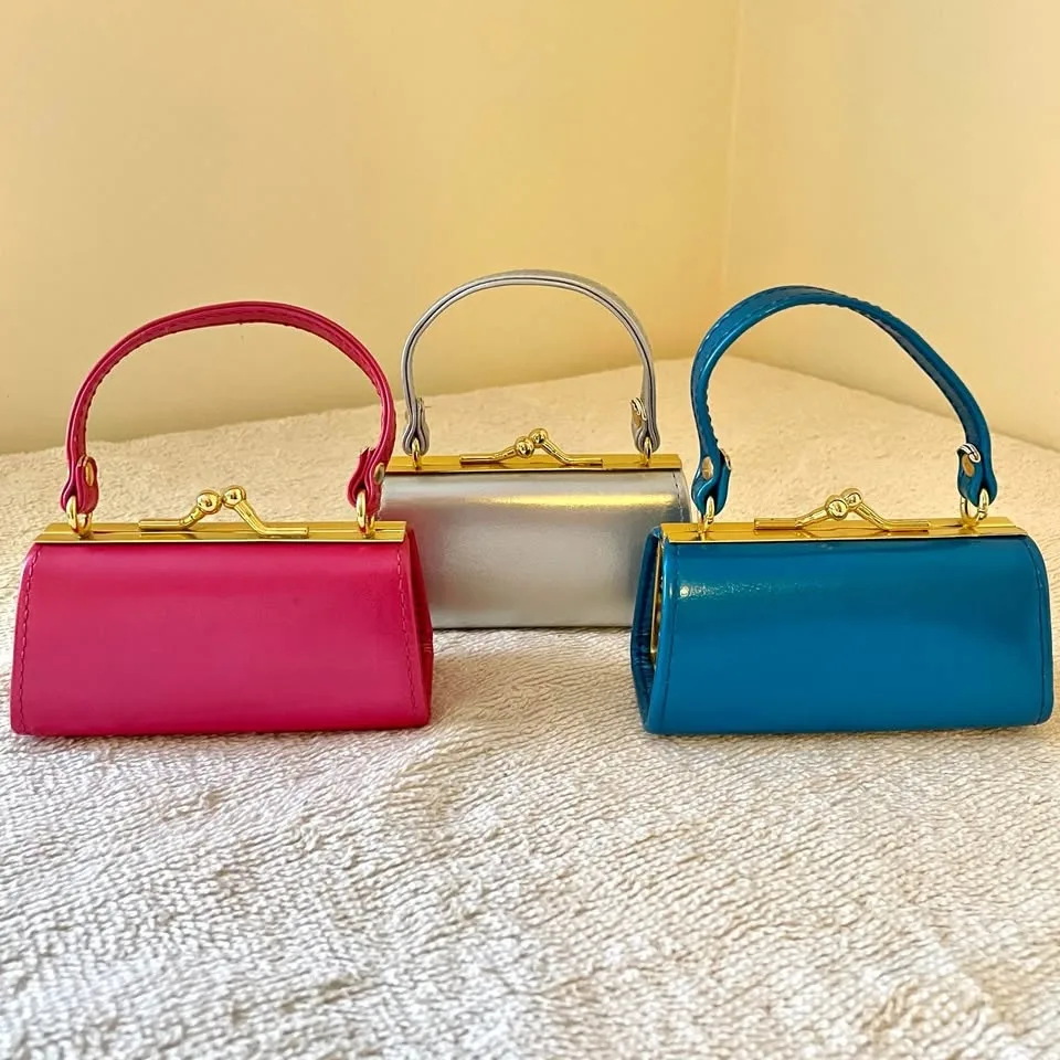 Set of 3 Miniature Handbags - Metallic Pink, White & Blue