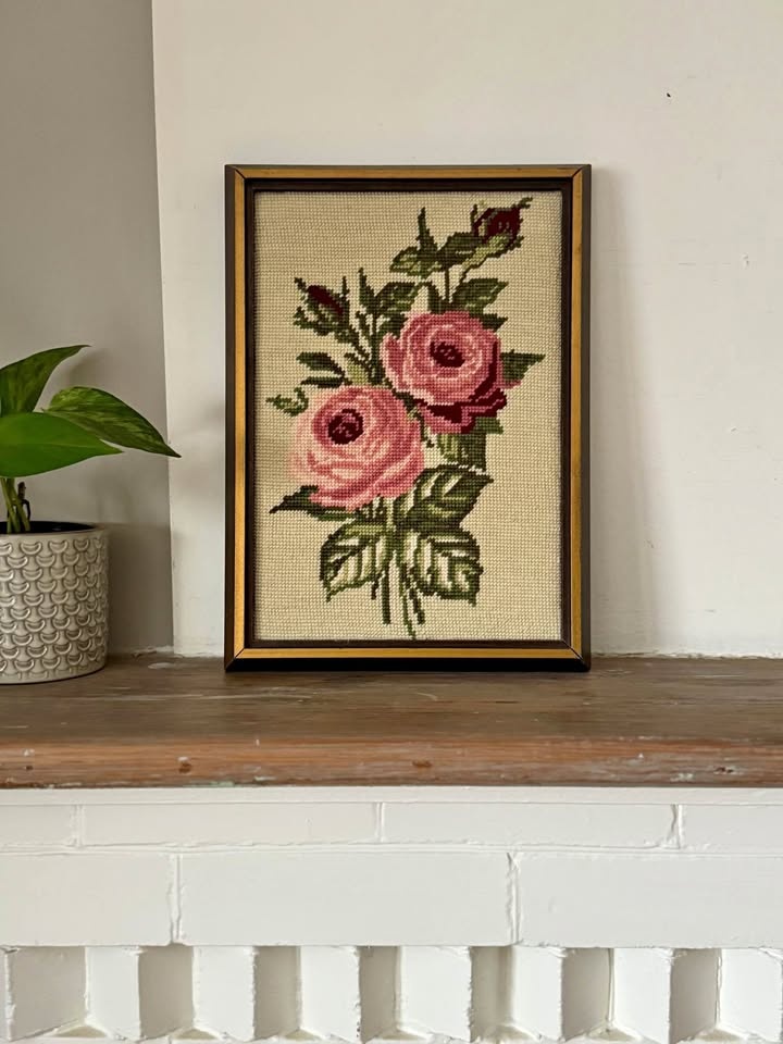 Vintage Framed Needlepoint Rose Art - Ready to Hang