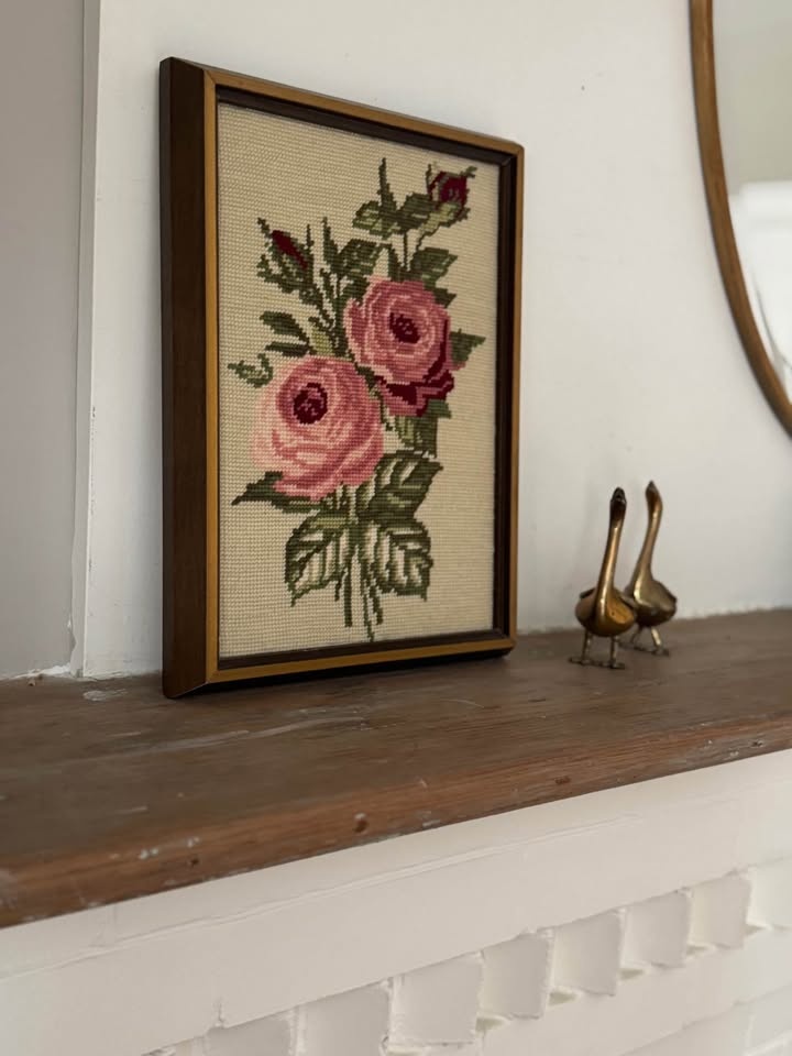 Vintage Framed Needlepoint Rose Art - Ready to Hang - photo 3