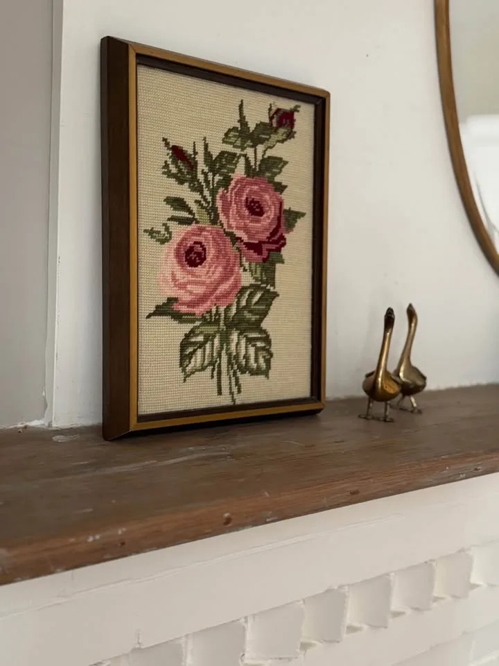 Vintage Framed Needlepoint Rose Art - Ready to Hang image indicator(3)