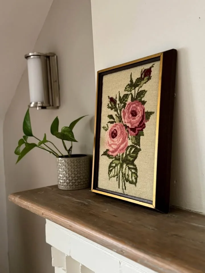 Vintage Framed Needlepoint Rose Art - Ready to Hang image indicator(4)