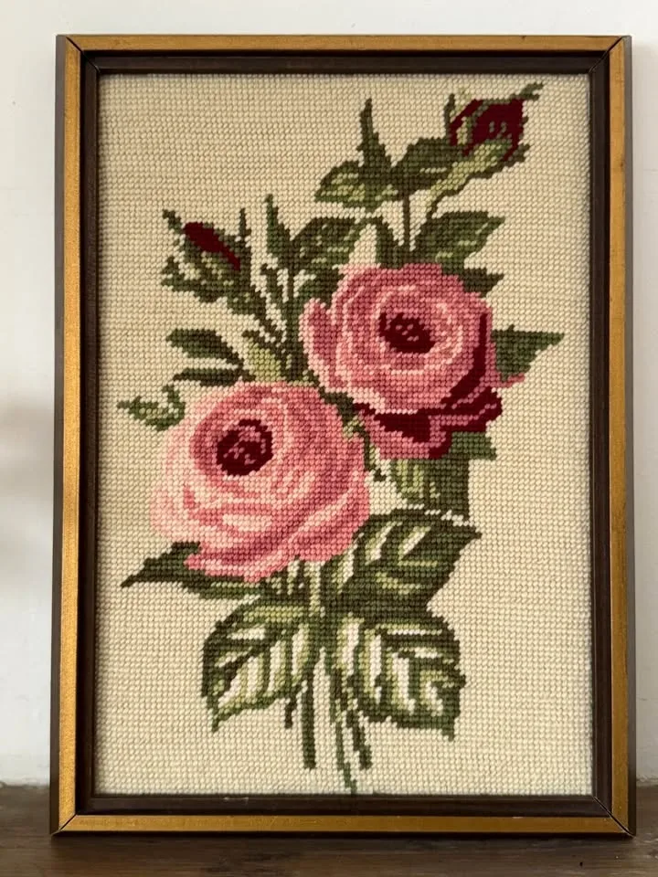 Vintage Framed Needlepoint Rose Art - Ready to Hang image indicator(6)