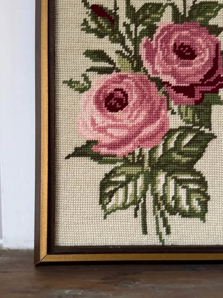 Vintage Framed Needlepoint Rose Art - Ready to Hang image indicator(7)