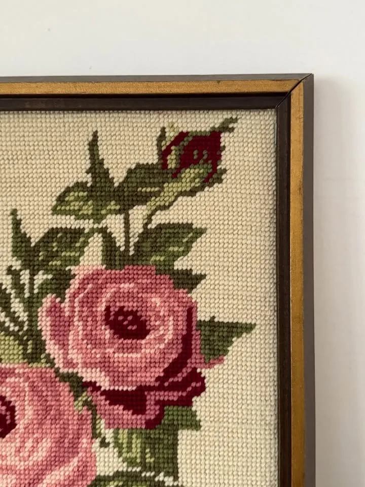 Vintage Framed Needlepoint Rose Art - Ready to Hang image indicator(8)
