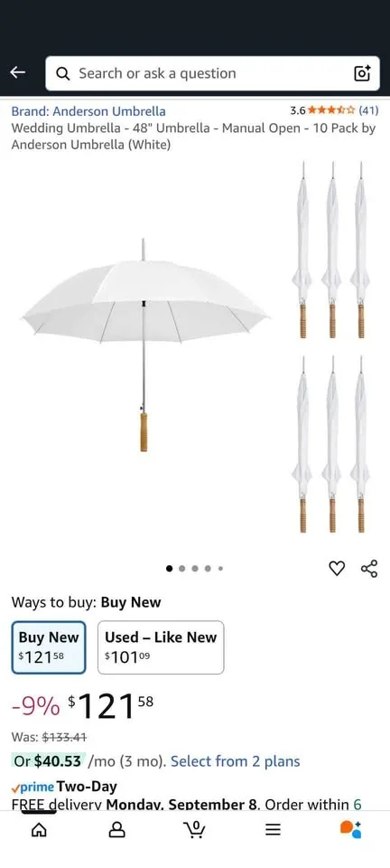 Wedding Umbrella - 48 inch - Manual - 10 Pack (White) image indicator(4)