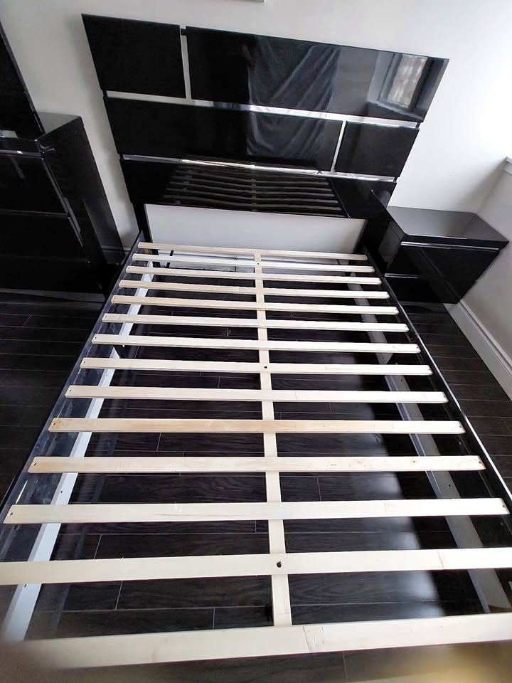 Modern Black Glossy Queen Bed Frame + Headboard
