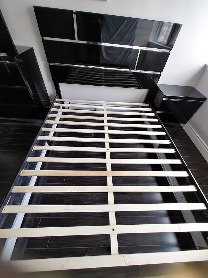 Modern Black Glossy Queen Bed Frame + Headboard
