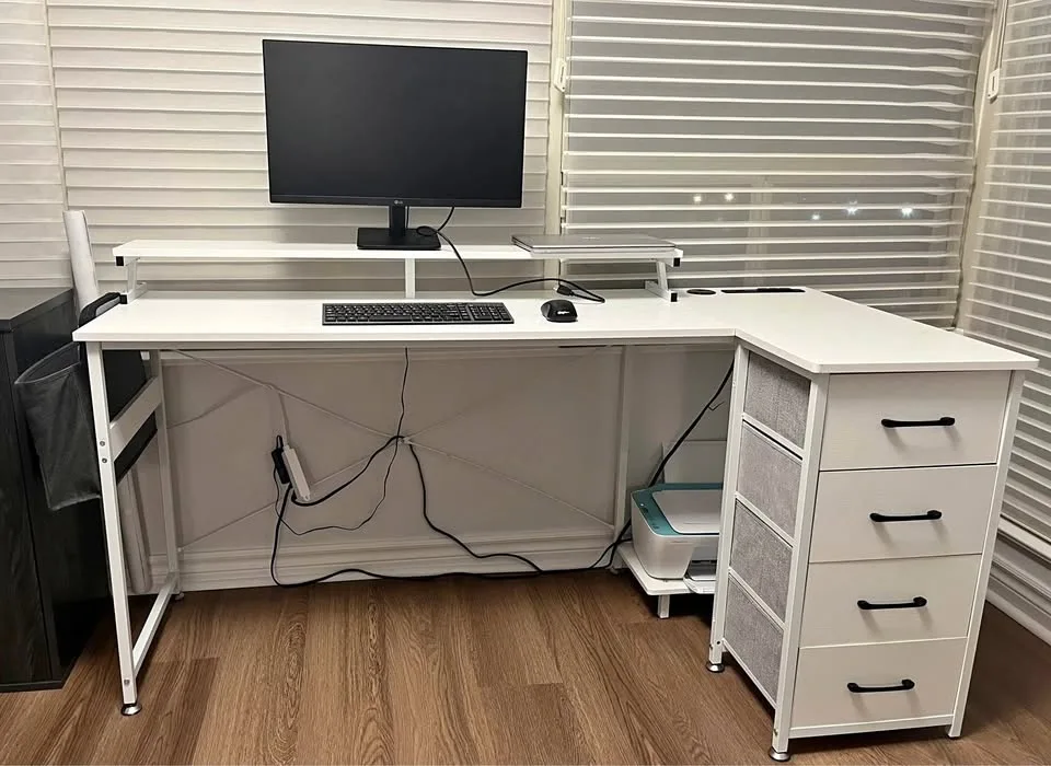 Modern White L-Shaped Desk with Storage & Monitor Shelf