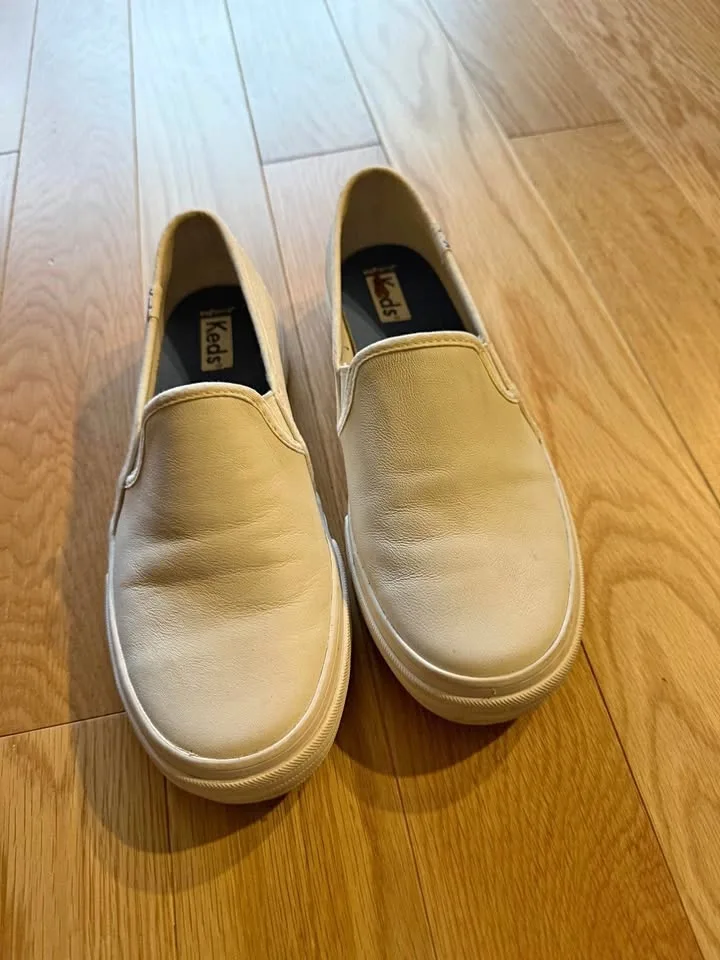 White Keds Leather Slip-ons Size 7 US with Rubber Sole