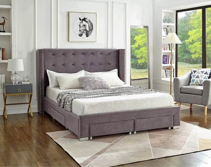 Grey Velvet Fabric Wing Bed *Queen* + Mattress