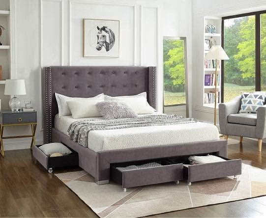 Grey Velvet Fabric Wing Bed *Queen* + Mattress - photo 2
