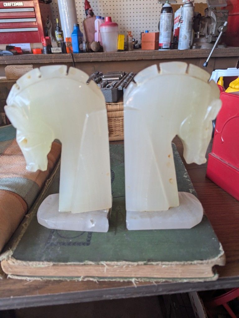 Vintage Art Deco Horse Head Onyx Marble Bookends
