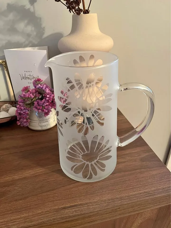 Floral Etched Frosted Glass Pitcher