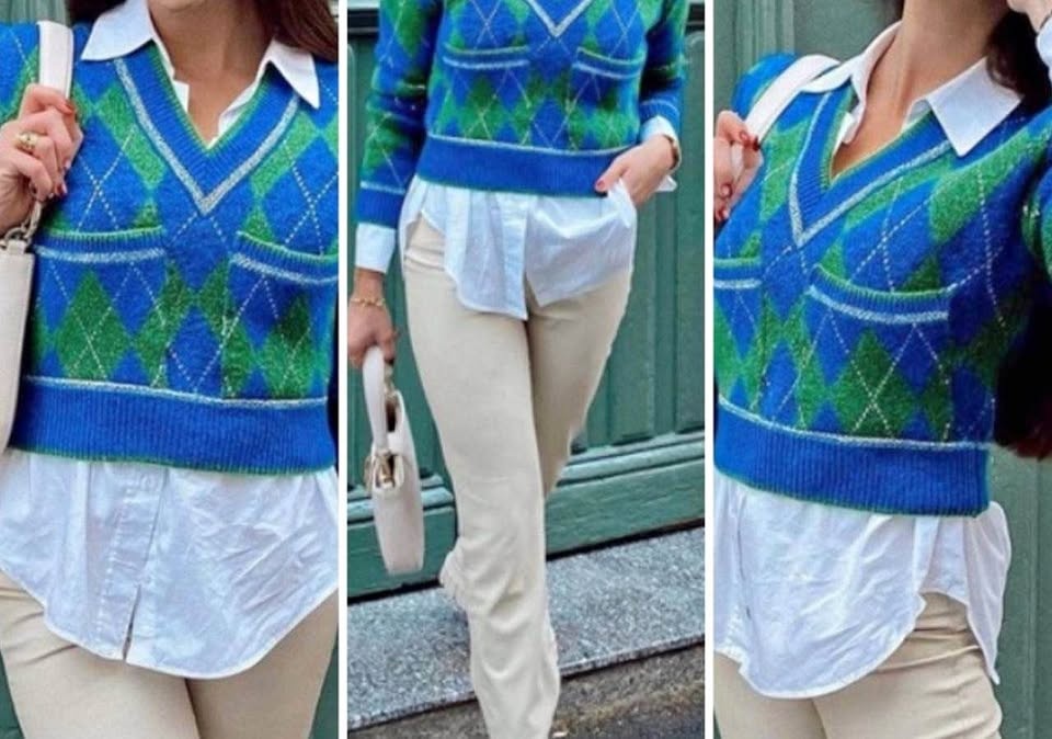 Zara Metallic Thread Argyle Knit Sweater- Blue Green- size M