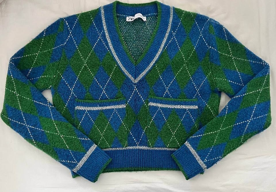 Zara Metallic Thread Argyle Knit Sweater- Blue Green- size M - photo 2