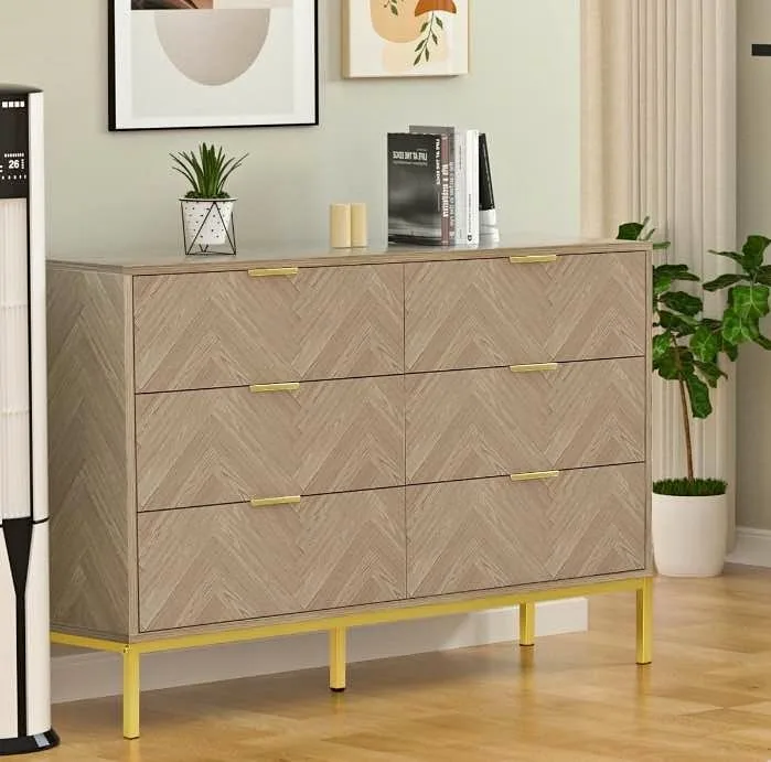 6 drawer dresser in light oak/gold