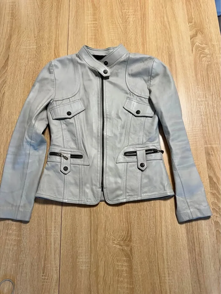 Maxvic Genuine Leather Jacket – Light Grey Moto Style – Women’s