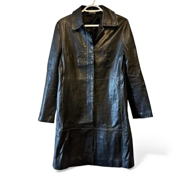 Stefanel Leather Long Coat - Black Minimalist Jacket