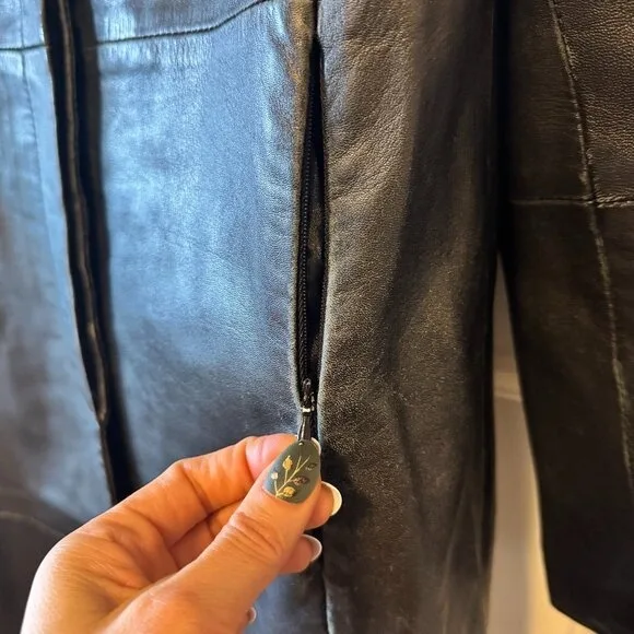 Stefanel Leather Long Coat - Black Minimalist Jacket image indicator(3)