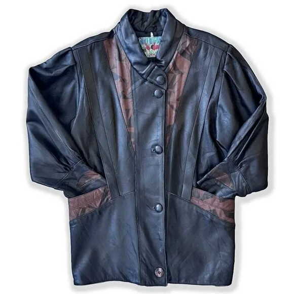 Vintage Black Brown Leather Geometric Jacket 80s 90s