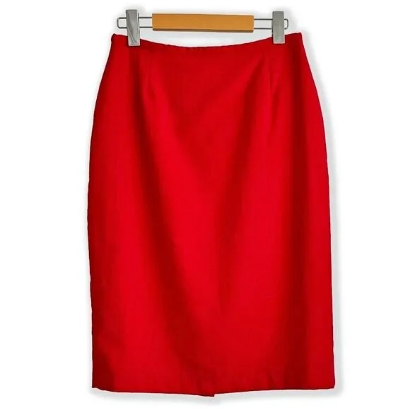 Vintage 80s Red Wool High-Waisted Midi Skirt with Back Slit