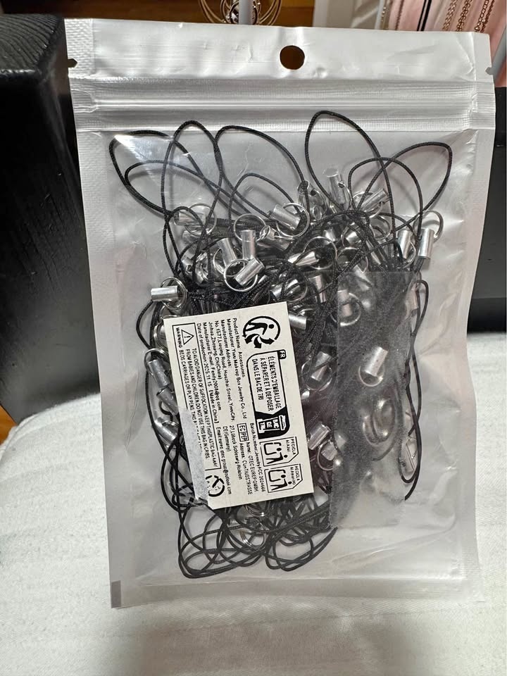 100 Black Lanyard Phone Ring Straps With Silver Split Rings