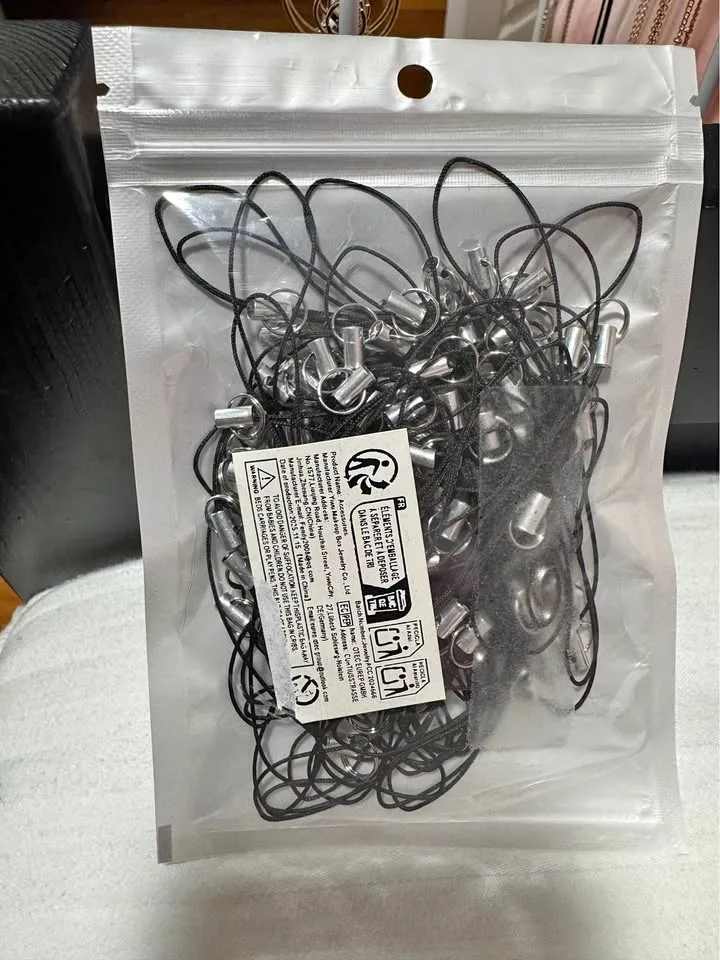 100 Black Lanyard Phone Ring Straps With Silver Split Rings