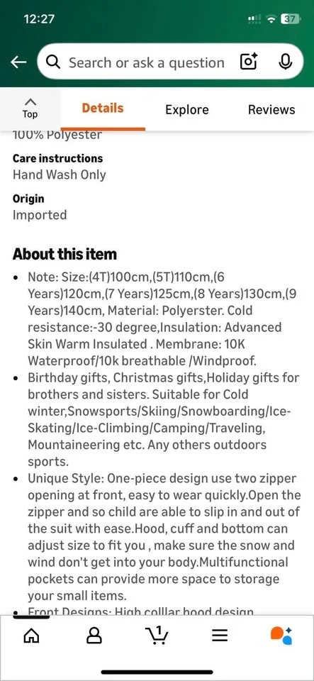 2 Ski/Snowboard Suits Size 130cm (Fits 8-9 Years) image indicator(7)