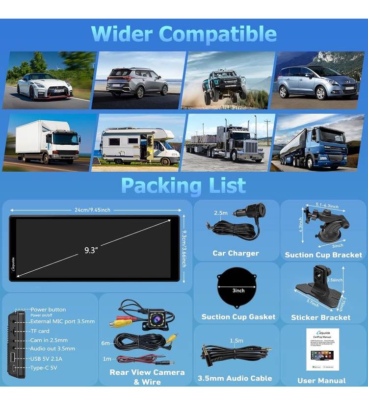 CARPURIDE 9.3 Inch Carplay Screen + Back Cam - photo 5