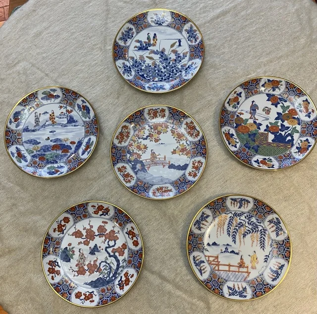 6Vintage Japanese Porcelain Geisha Girl Plates 9" Signed Imari
