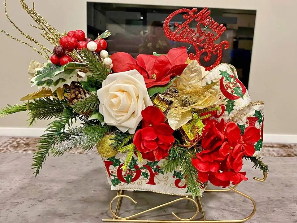 New- Handmade Christmas Joy Floral Sleigh