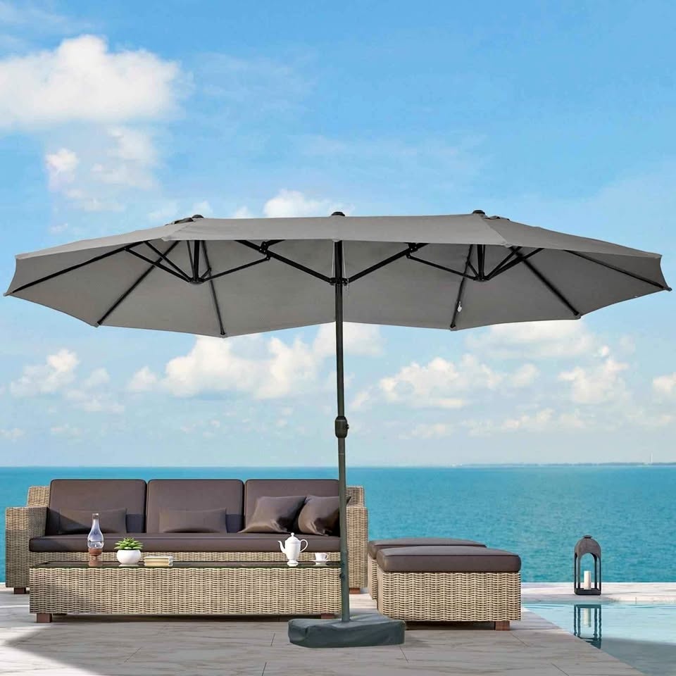 Outsunny 15'x 8.7' Patio Umbrella with Twin Canopy - Tan
