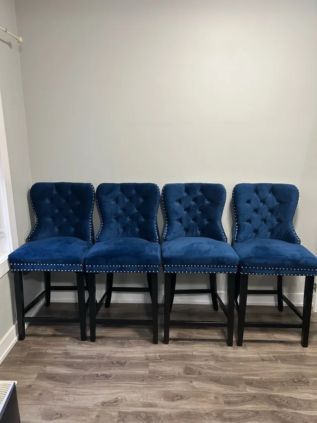 Set of 4 Blue Velvet Bar Stools