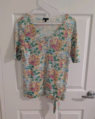 TALBOTS Sweater Palm Trees Cityscape Sailboats Size S