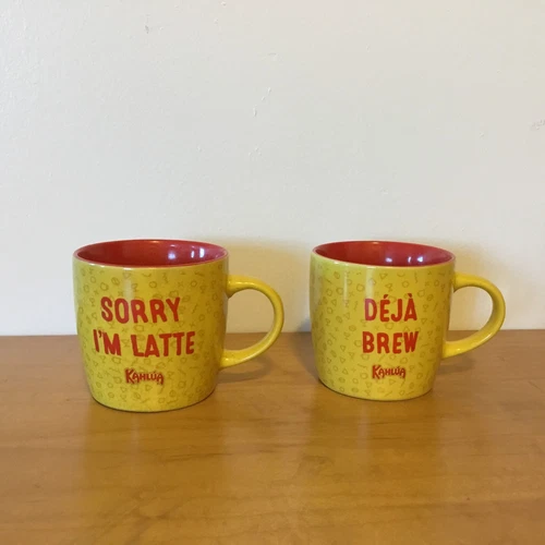 Kahlua Mugs Lot 2 Deja Brew and Sorry I'm Latte Ceramic Red Yell