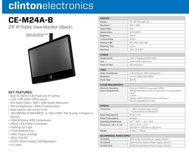 Clinton Electronics M24AB-C-WM Wall Mount Monitor – $150