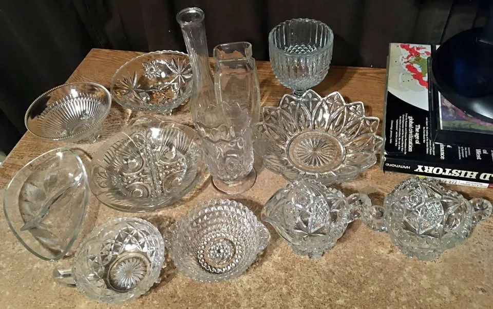 LOT OF 13 VINTAGE GLASS BOWLS CREAMERS GOBLETS