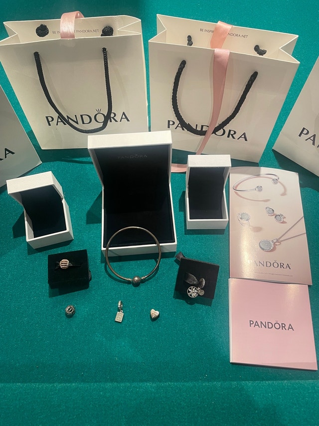 Pandora charm bracelet bangle and charms with gift bags