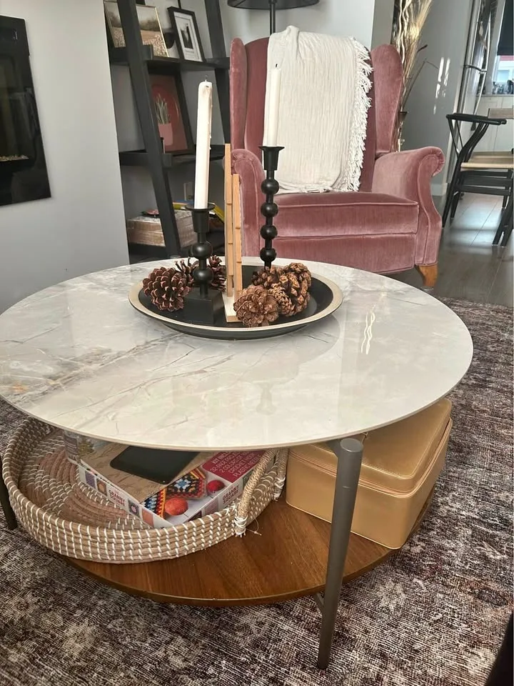 Round coffee table, two-tier with storage, marble and walnut