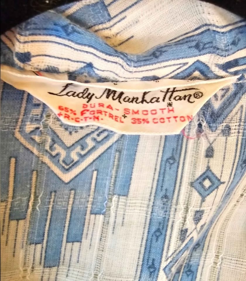 Vintage 70s Aztec western print blue white womens shirt - photo 3