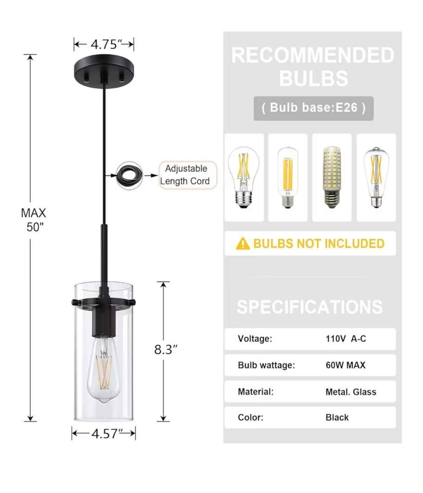 3 Pack Kitchen Island Pendant Light, Black - photo 2