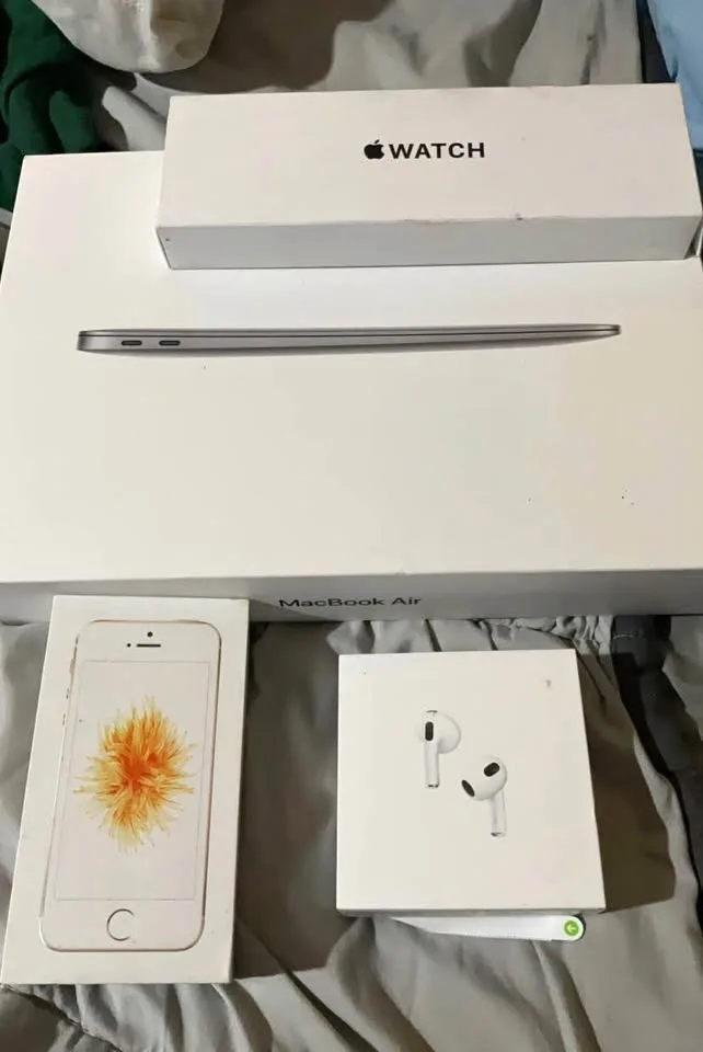 Apple MacBook Air, iPhone, AirPods, Apple Watch Boxes